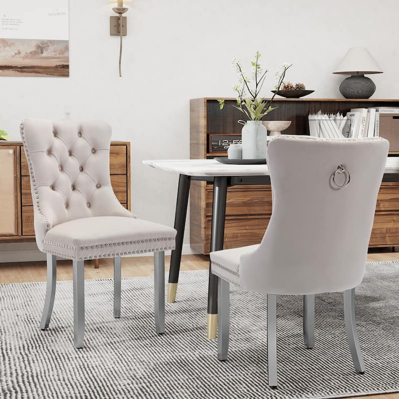 Velvet Dining Chairs Set of 2, Tufted Dining Room Chairs with Button Back, Nailhead Trim, Upholstered Kitchen Side Chairs - Beige