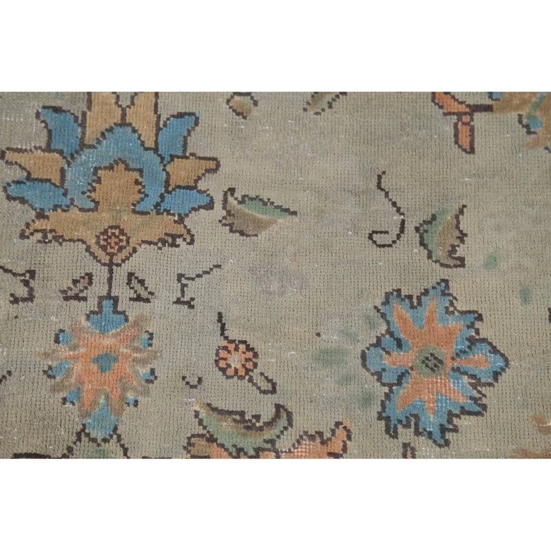 Floral Green Tabriz Persian Vintage Area Rug Hand-Knotted Wool Carpet - 9'7"x 12'11"