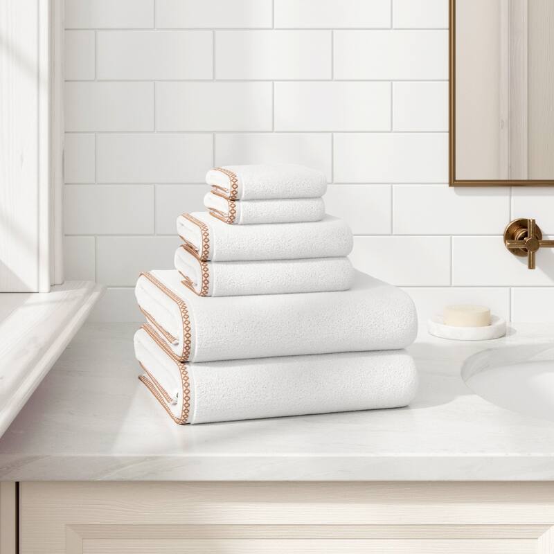 Linery & Co. Quick-Dry Cotton and Decorative Border Towel Set - White / Clay - 6 Piece Set