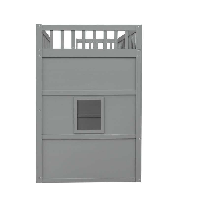 Modern House Bed Twin Size Loft Bed Solid Pine Wood Bed Frame with Door, Windows, Ladder and Safety Guardrails