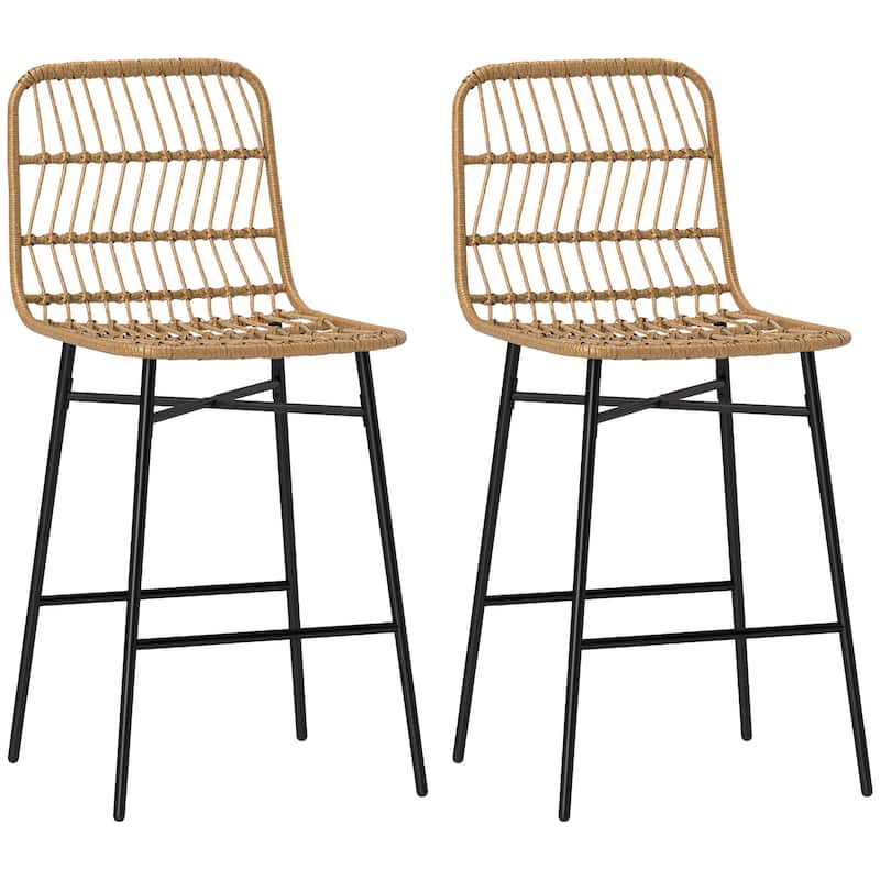 HOMCOM Rattan Counter Height Bar Stools Set of 2, 26" Wicker Barstools with Back, Modern Bar Chairs for Kitchen Island, Black