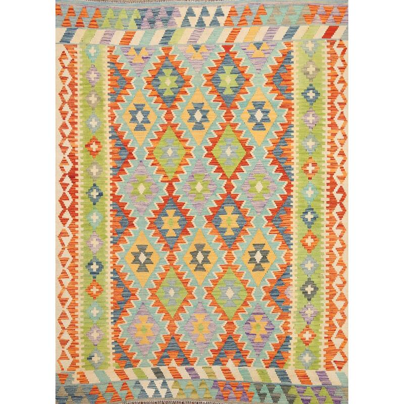 Hand Woven Oriental 100% Wool Carpet Southwestern Geometric Multi-Colored Kilim Area Rug - 6' 4'' X 5' 2''