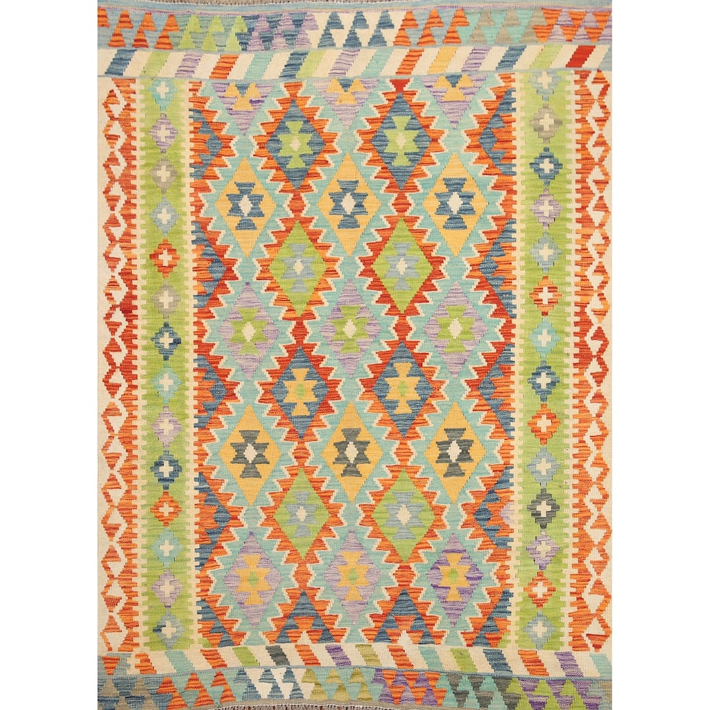 Hand Woven Oriental 100% Wool Carpet Southwestern Geometric Multi-Colored Kilim Area Rug - 6' 4'' X 5' 2''