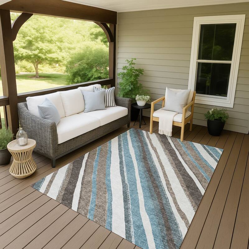 Machine Washable Indoor/ Outdoor Stripe Angles Chantille Rug - Taupe - 9' x 12'