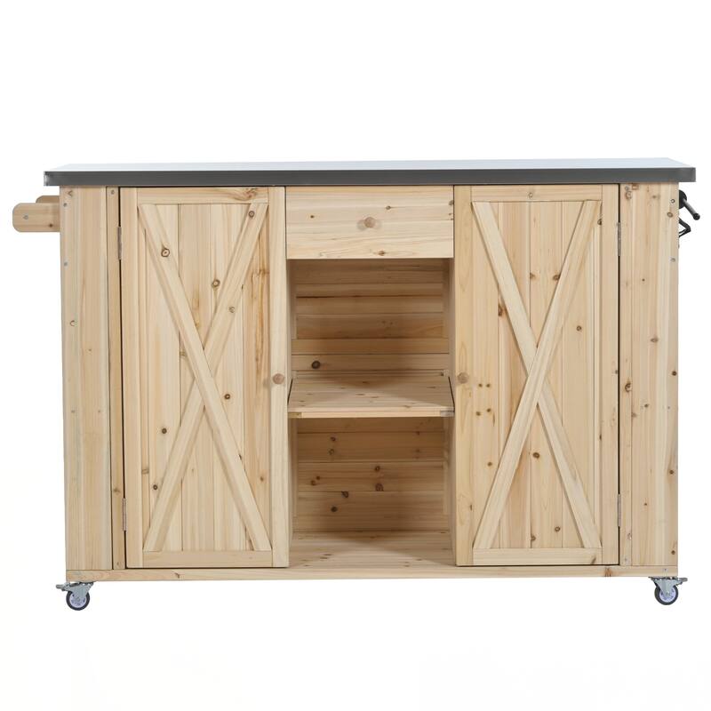 Outdoor Kitchen Island Fir Wood Kitchen Island with Stainless Steel Top, Ample Storage Space, Towel and Spice Racks