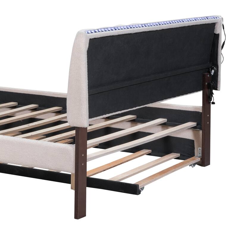 Full Size Upholstered Bed with Twin Trundle, Teddy Fleece Fabric, and Remote-Controlled LED Lights