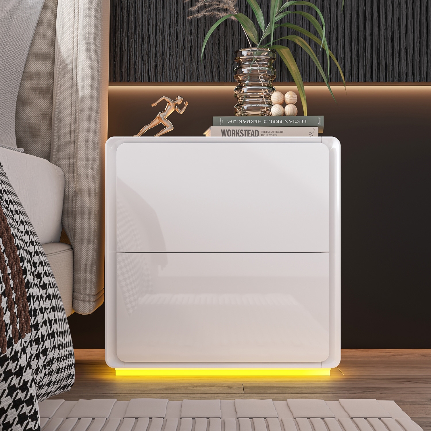 White Modern LED Nightstand High Gloss Bedside Tables with 2
