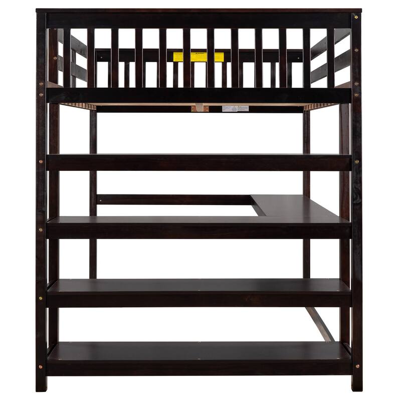 Full/Twin Loft Bed with Integrated Desk and Shelves, Space-Saving Wooden Frame, Durable Pine Wood and MDF, Guardrails Included