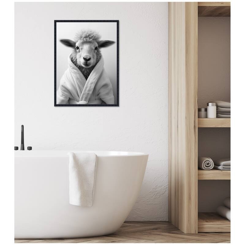 Kate and Laurel Sylvie Sheep Bathroom Art Towel Robe Black and White Framed Canvas by The Creative Bunch Studio