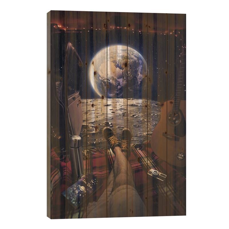 Gabriel In Van On The Moon Look At Planet Earth Print On Wood by GEN Z - Multi-Color - 40x26x1.5