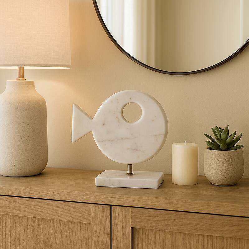 Stylish Marble Fish Figurine Sculpture - 10", White - 9.5"