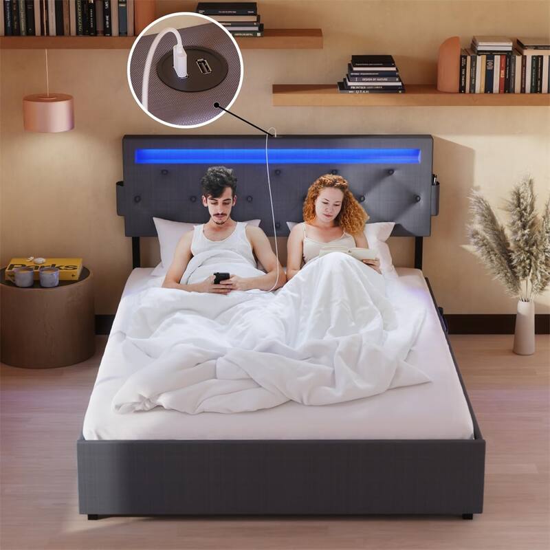 Queen Size LED Bed Frame with USB Charging Station & 4 Storage Drawers - Dark Gray