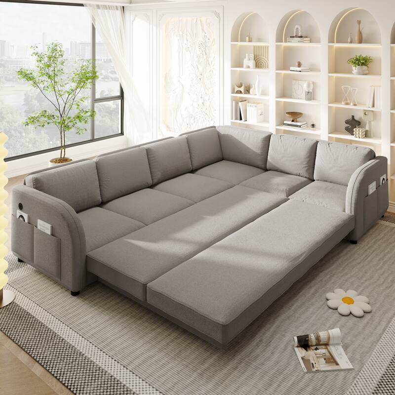 Sectional Sleeper Sofa with Pull Out Bed, Convertible Teddy Fabric Couch with Side Pockets & USB Ports, L Shaped Modular Couches