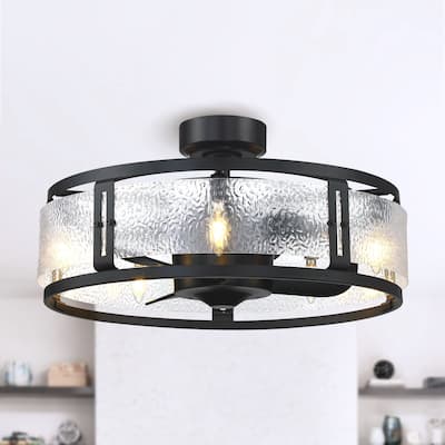 25" Matte Black 5-Light Drum Chandelier LED Ceiling Fan with Remote
