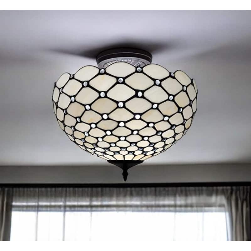 HomeRoots Black and White Tiffany Style Two Light Semi Flush Ceiling Lamp - 16' X '13' X '16 - 16' X '13' X '16