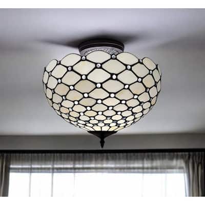 HomeRoots Black and White Tiffany Style Two Light Semi Flush Ceiling Lamp - 16' X '13' X '16