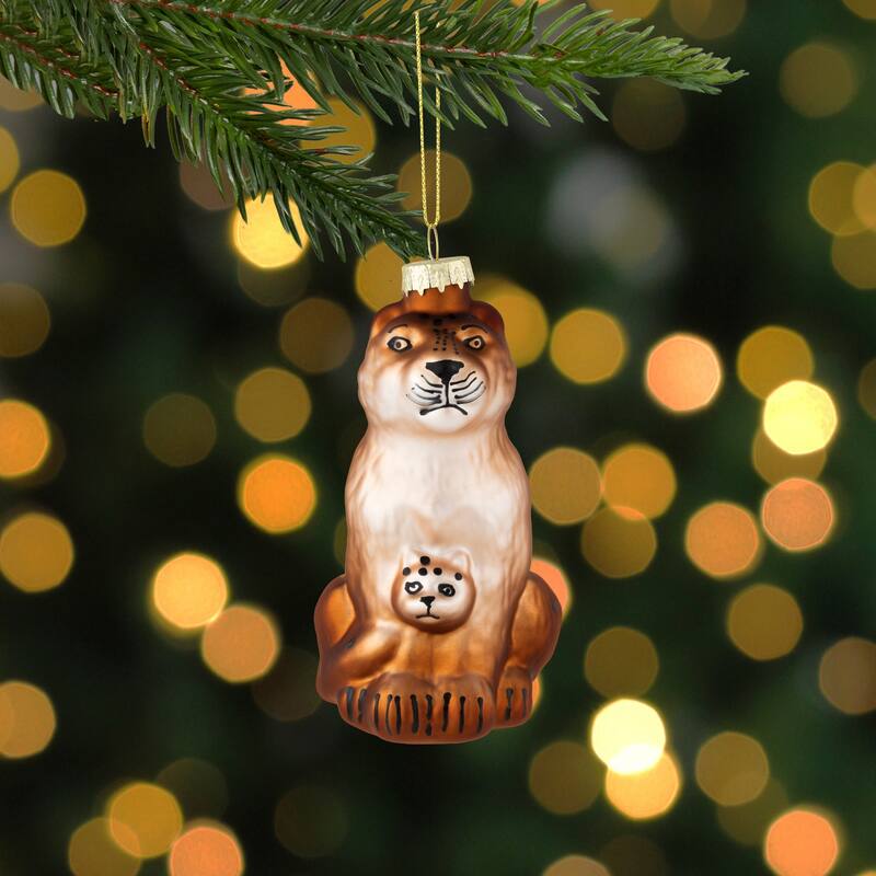 4" Glittered Jaguar and Cub Glass Christmas Ornament