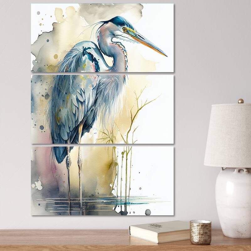 Designart "Heron By The Waterside Watercolour III" Animals Heron Canvas Art Print - 3 Panels - 28 in. wide x 36 in. high - 3 Panels