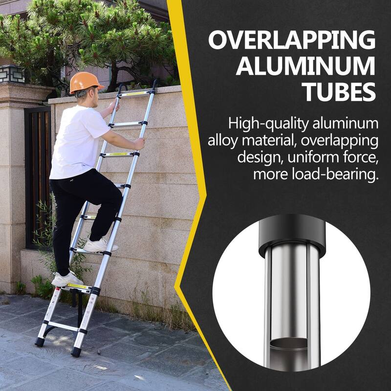 Anmytek 9.5 Foot Aluminum Telescopic Ladder with Stabilizers and Hooks 330 lbs Capacity Multi Purpose Folding Extension Ladder