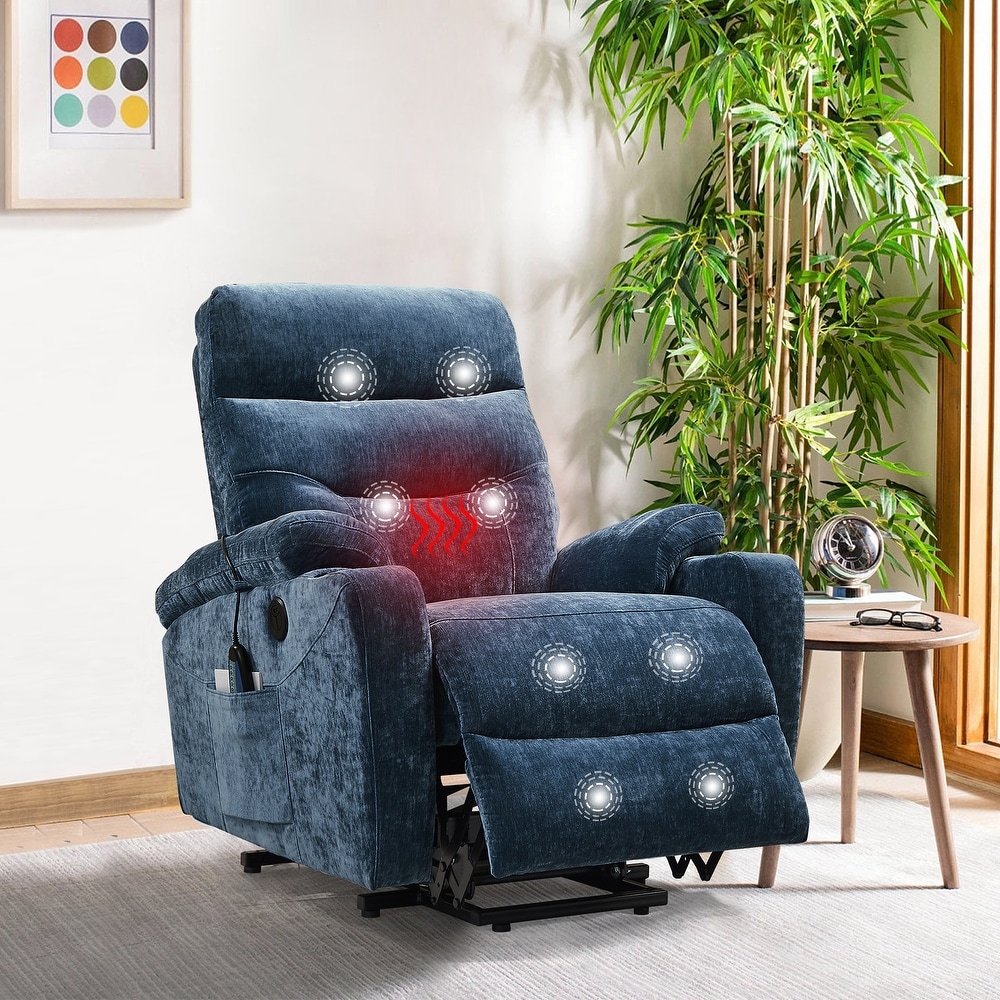 Mcombo Swivel Recliner with Ottoman, Massage TV Chairs with Neck Pillow and Side Pocket for Living Reading Room, Chenille Fabric 4188 (Blue)