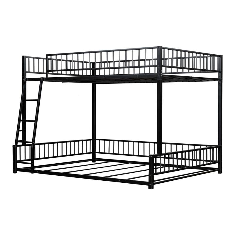 Roomfitters Twin/Full XL over Queen Floor Bunk Bed Frame with Ladder and Safety Guardrails Easy Assembly, Black