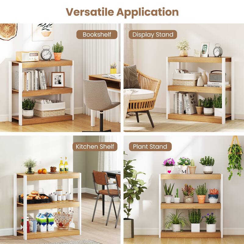 Gymax 3 Tier Bookshelf Wooden Bookcase w/ Dual Anti-Tipping Kits Open