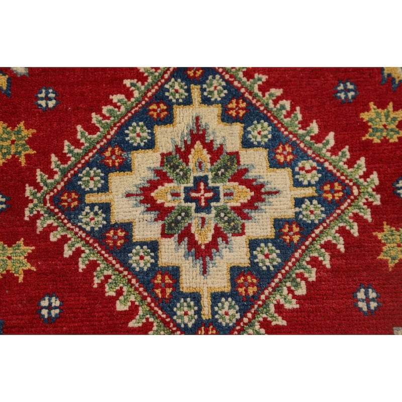 Red Geometric Kazak Foyer Rug Handmade Traditional Wool Carpet - 2'10" x 4'1"