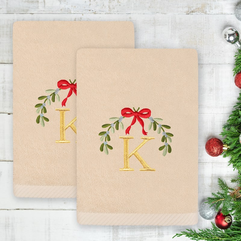 Authentic Hotel and Spa Christmas MISTLETOE MONOGRAM Embroidered Luxury 100% Turkish Cotton Hand Towels Set of 2
