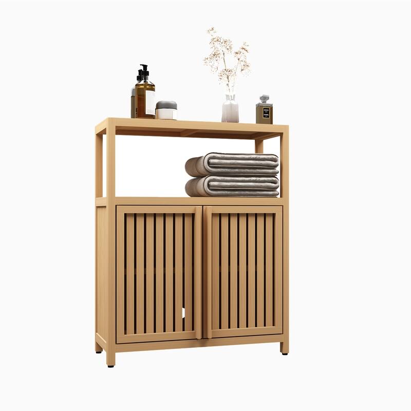 Bamboo Bathroom Storage Cabinet, Freestanding Storage Organizer, Bathroom Floor Cabinet with 2 Shutter Doors & Open Shelf