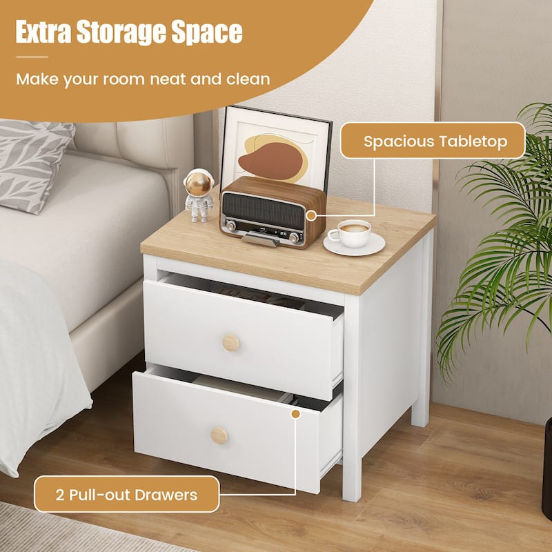 Gymax Nightstand Farmhouse Side End Table w/ Solid Wood Legs & 2