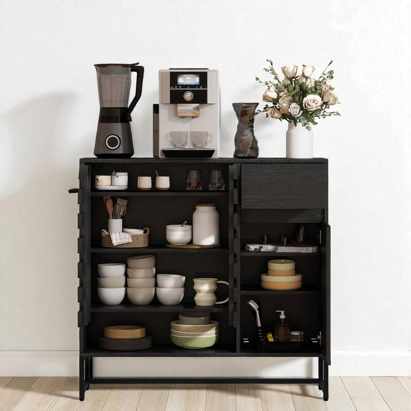Rustic 44" Coffee Bar Cabinet with Storage, Farmhouse Buffet Console Table with Drawer and Arched Metal Lattice Doors