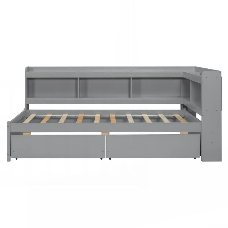Twin Size L-shaped Bookcases Bed with Power Outlets, USB Charging Ports,Two Drawers