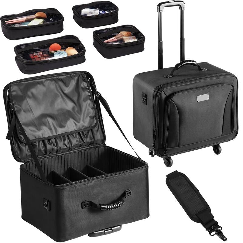 Makeup Train Case Large Storage With Handle, Strap, Professional Waterproof Oxford Makeup Storage Organizer - 18.9x10.2x15''