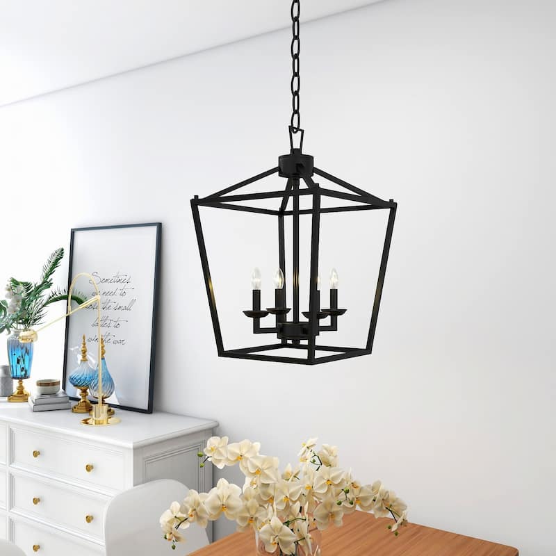 Cage Chandelier 4-Light Lantern Square Light Pendant - Black