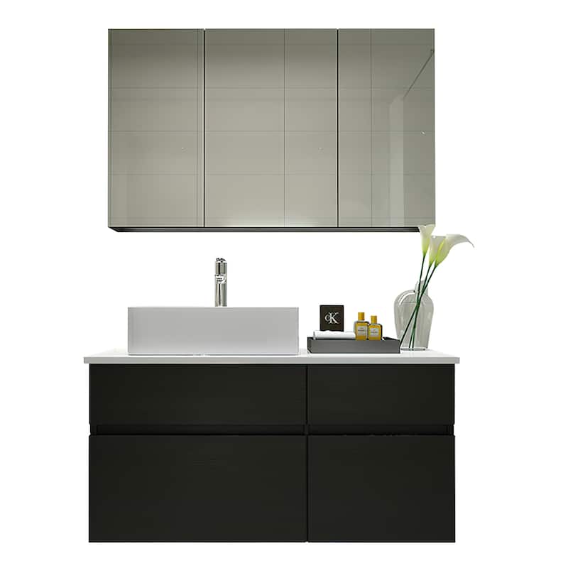 Chelce 32" Black and White Wall Mounted Bathroom Vanity with Faux Marble Countertop and Ceramic Sink