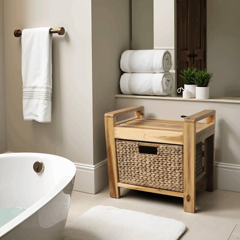 M4H Brae Solid Wood Natural Water Hyacinth Basket Storage Ottoman
