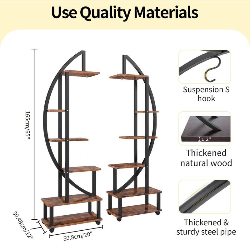 2 pcs 6 Tier Tall Metal Plant Stand Indoor with Grow Light, Half Moon Shape Plant Shelf & Wheels, Curved Ladder Flower Pot Rack