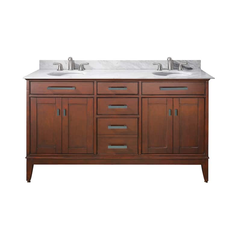 Avanity Madison 60-inch Double Vanity in Tobacco Finish with Dual Sinks and Top - 61"W x 22"D - Carrara White Marble Top