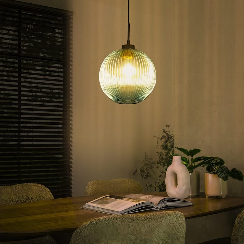 1-Light 9.8" W Mid-century Modern Metal Hanging Pendant Light with Blue Ribbed Glass Globe Shade for Kitchen Island, Dining Room