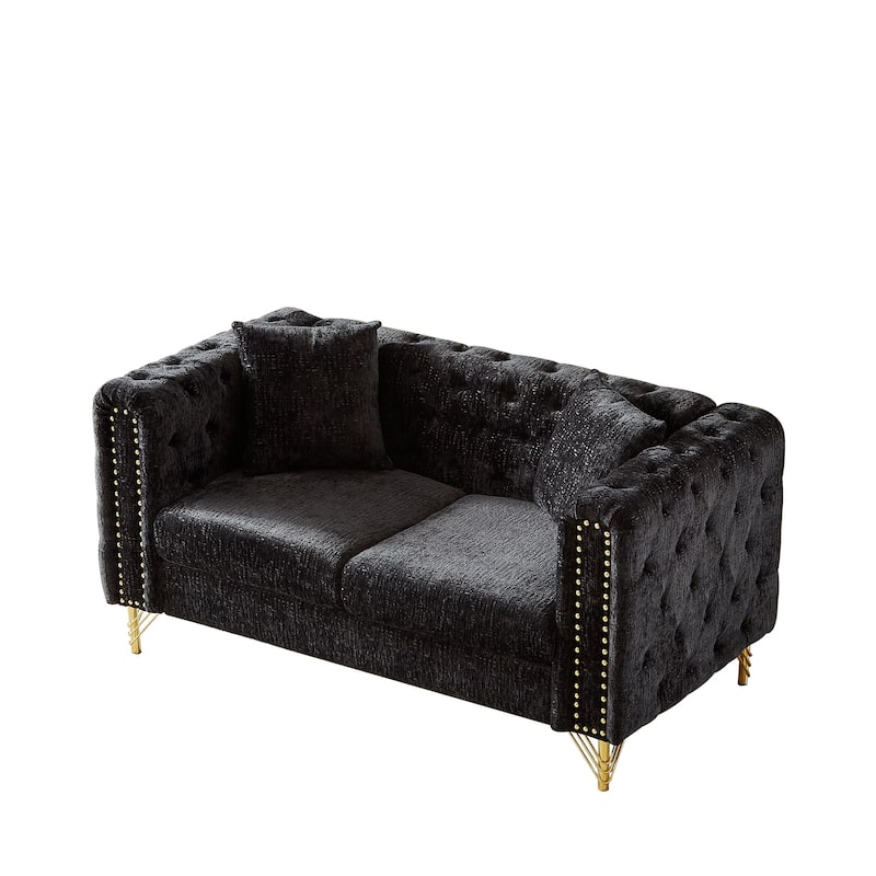 60-Inch Chenille Chesterfield Sofa, Living Room Couch with Buttons Tufted/Copper Nail Decoration Armrest