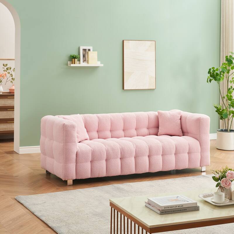 Stylish Fluffy Sofa with Plush Cushions & 2 Throw Pillows - Comfortable 3-Seater Couch