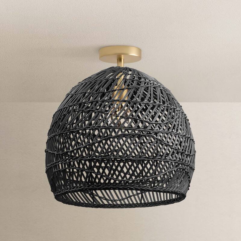 Lunar Rattan Flush Mount Rattan Black 1-Light Handwoven Ceiling Light for Bedroom or Hallway in Modern, Mid-Century, Boho Style