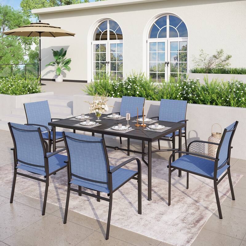 MAISON ARTS 7-Piece Patio Dining Set with Metal Rectangle Table and 6 Textilene Dining Chairs