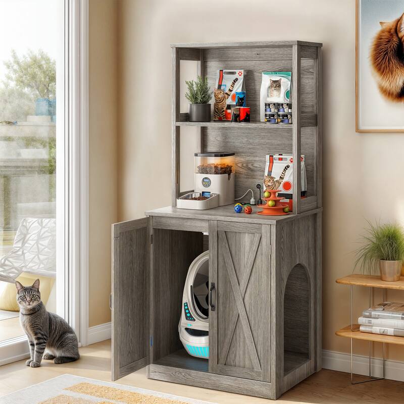 Hidden Cat Litter Box Enclosure Furniture Tall Storage Cabinet with Charging Station