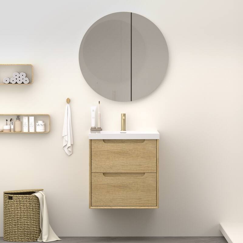 Solid Wood Bathroom Vanity with Integrated Resin Sink, Handle-Free Modern Design - 24"