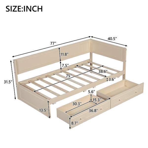 dimension image slide 1 of 2, Twin Size Daybed with 2-Storage Drawers and Guardrail, Solid Pine Frame, No Box Spring Required, Beige Vintage Style for Bedroom