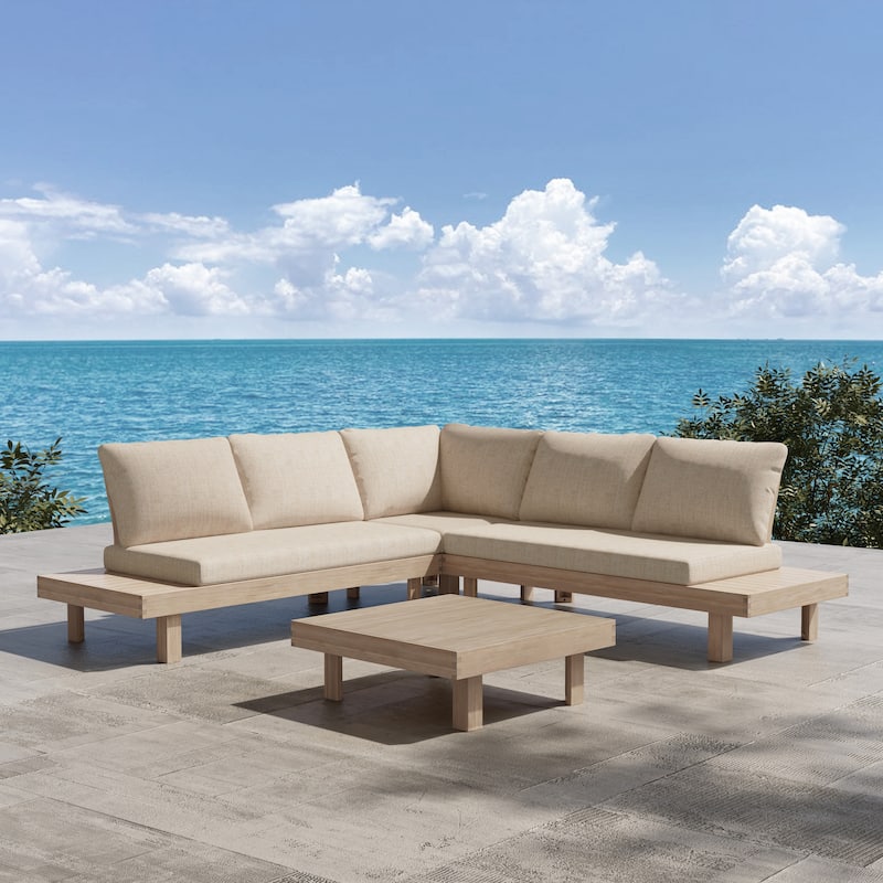Christopher Knight Home - Mirek Acacia Wood Outdoor 4 Piece Sectional Sofa with Water-Repellent Cushions - Light White Finish+Sand Cushion