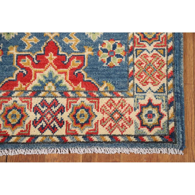 Blue Geometric Kazak Oriental Foyer Rug Handmade Wool Carpet - 2'0" x 3'0"