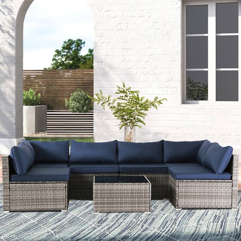 7-Piece Wicker Patio Conversation Set with Cushions - grey+blue