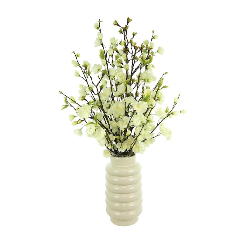 Cherry Blossoms Arranged in Ridged Ceramic Vase - White, Cream